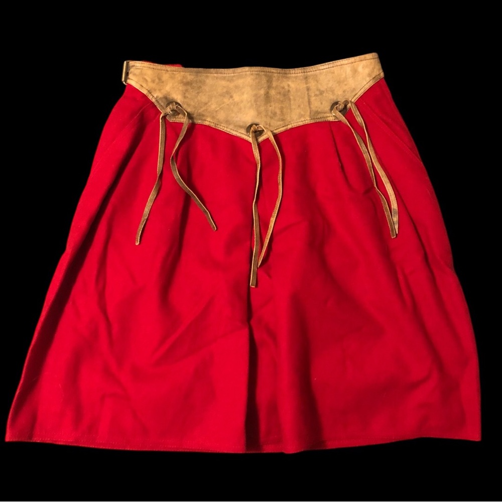 Rare Vintage Alberta Ferretti Red designer wool and leather belted size 10 skirt